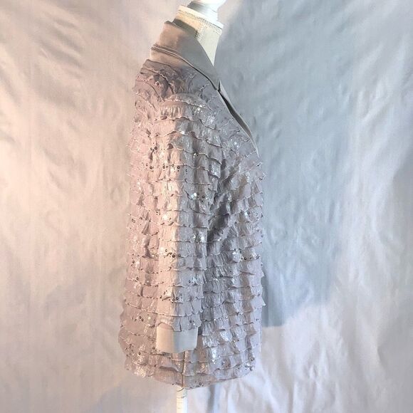 Slinky Brand Silver Tiered Ruffled Sequined One Button Jacket Formal Cardigan S - Picture 4 of 8